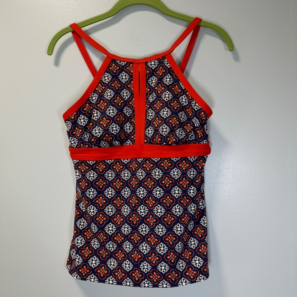 Lands End Womens Size 2 High Neck Medallion‎ Tankini Swim Top Navy Red Orange